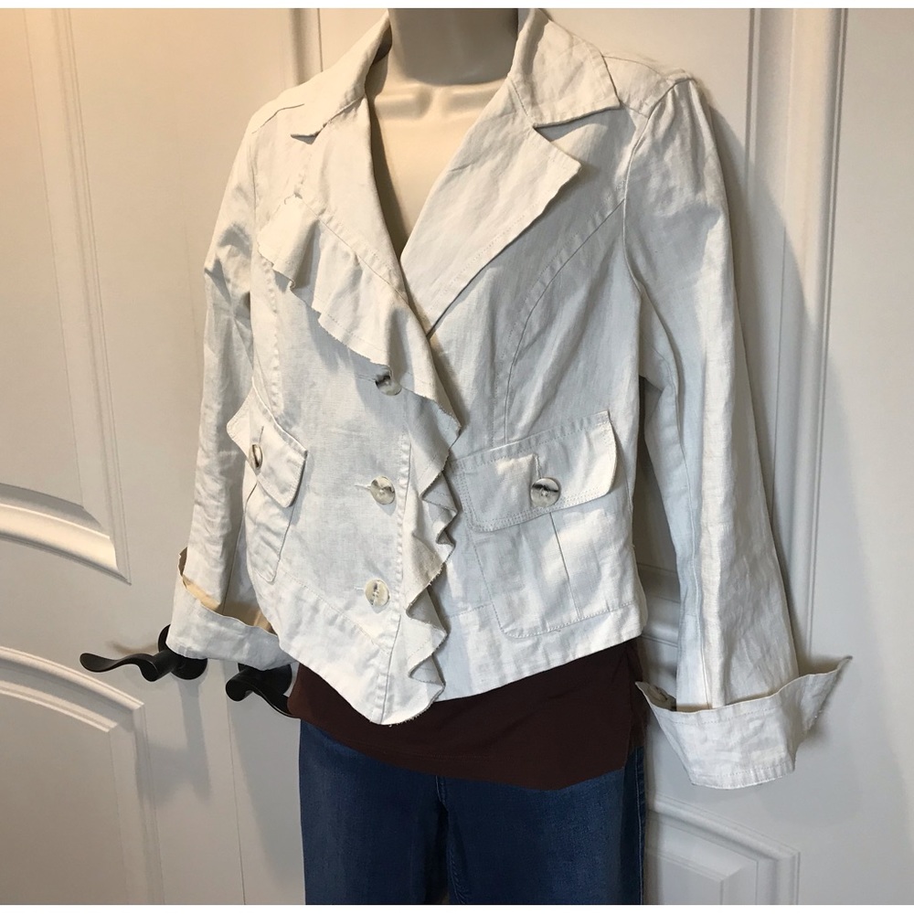 CAbi Linen Ruffle Front Jacket
